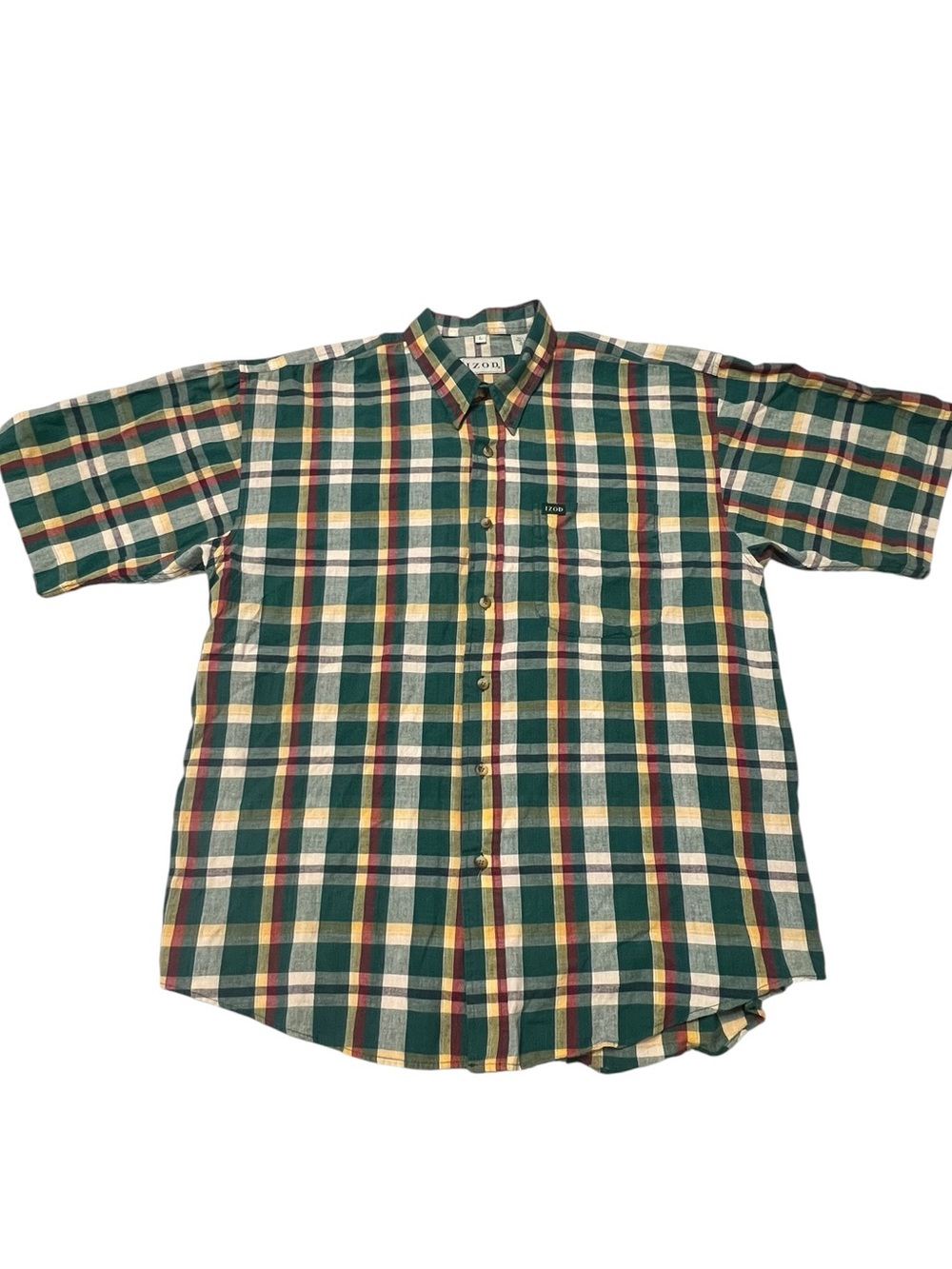 Izod Green Plaid Short-Sleeve Button-Down Shirt large